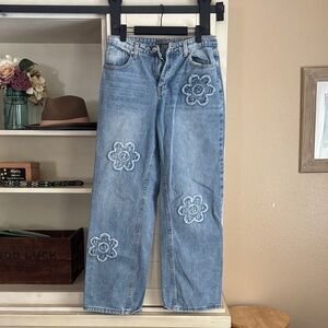 Embroidered Light Blue Straight Leg Jeans